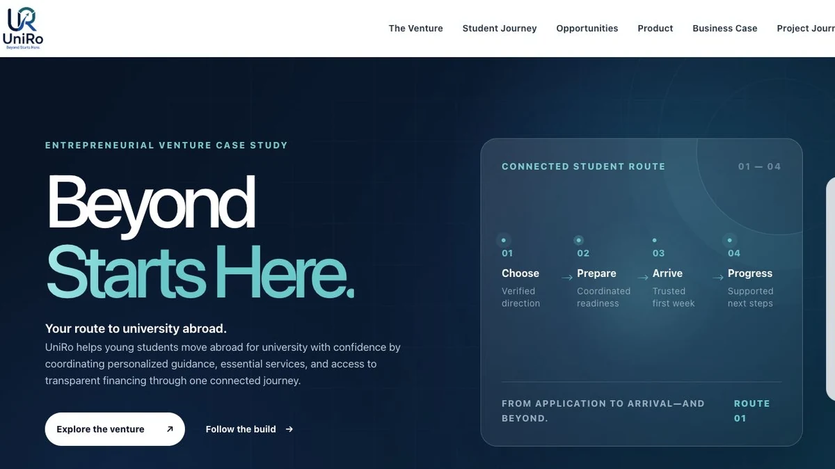 UniRo venture homepage showing the Beyond Starts Here message and connected student route.